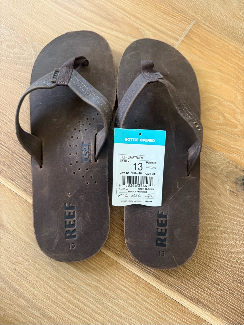 Reef Brown Leather Flip Flops with Bottle Opener